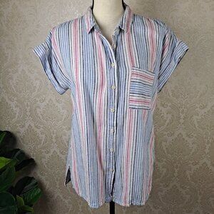 Alexander Jordan Sz M Blue White Pink Striped Shirt Short Sleeve Linen/Cotton Bd